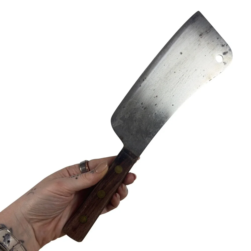 Vintage Robinson Carbon Steel Cleaver 7 inch Meat Butcher Knife Wood Handle USA